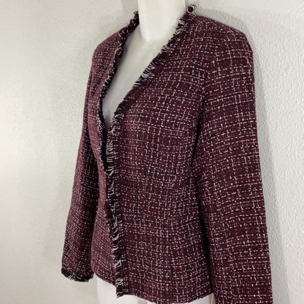 WHBM burgundy white black tweed peplum fringe jacket - Picture 9 of 15